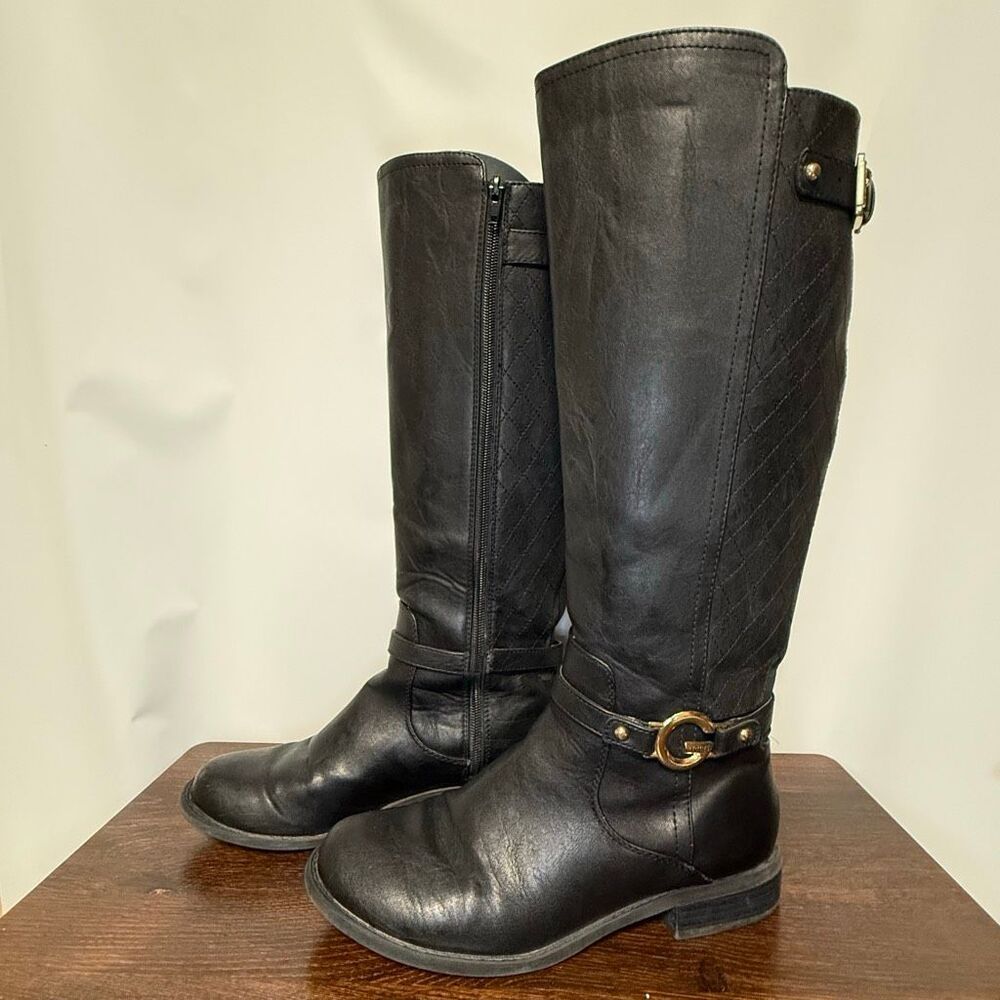 G by Guess Women’s tall black gold hardware quilt diamond pattern riding boot si